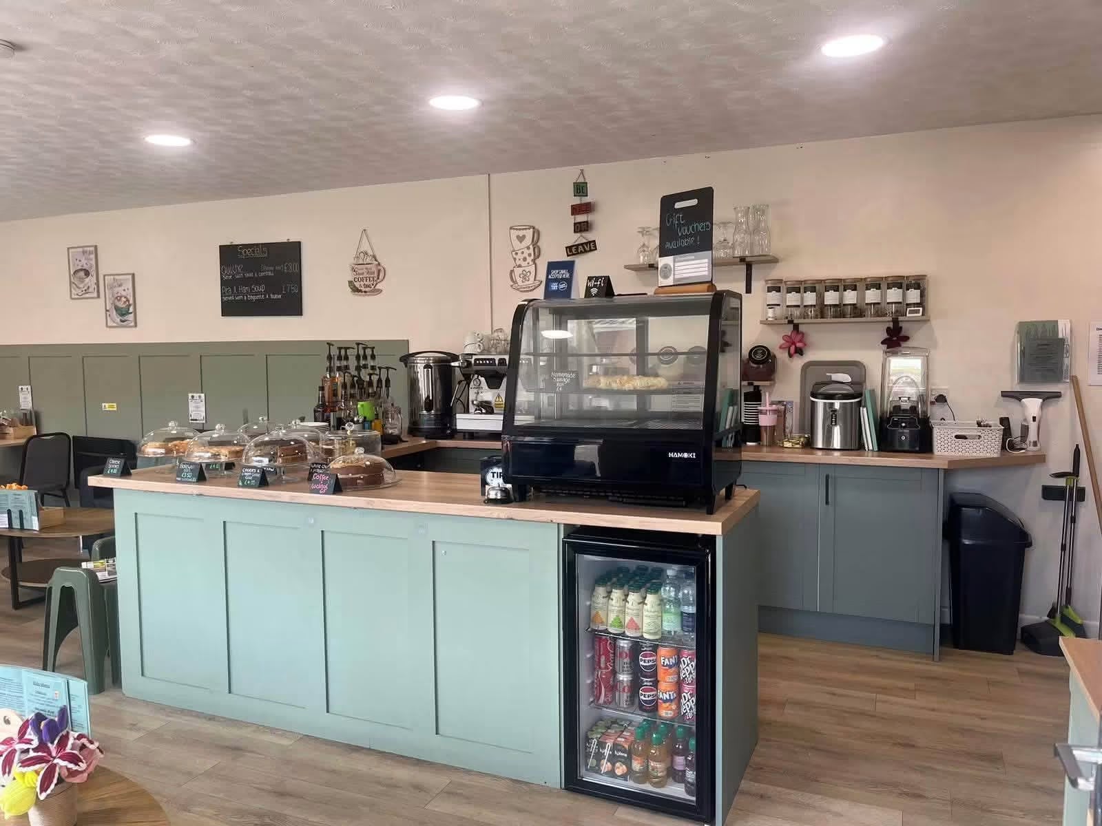 Counter and cake display at Cosy Cafe Harleston