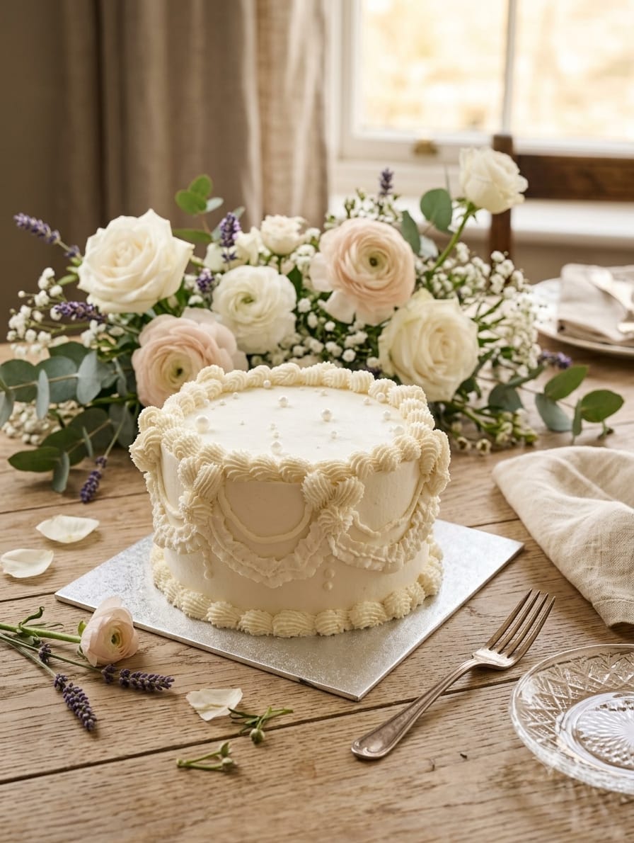 Elegant white piped celebration cake by Prexa at Cosy Cafe Harleston