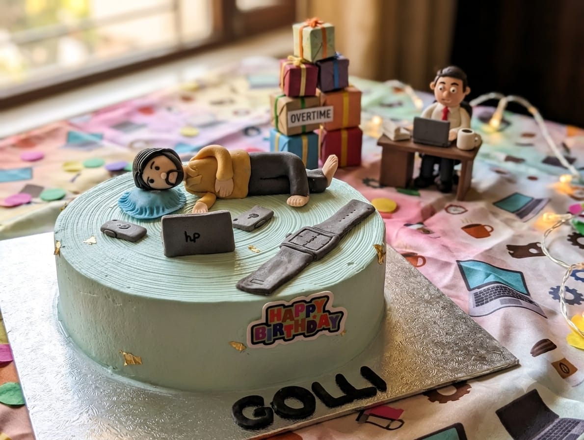 Work from home novelty birthday cake by Prexa at Cosy Cafe Harleston